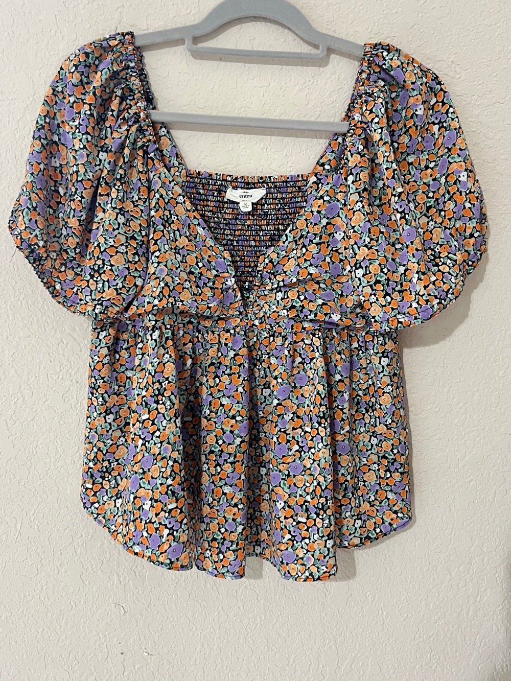 Entro Puff-Sleeve Smocked Peplum Top - Multicolor